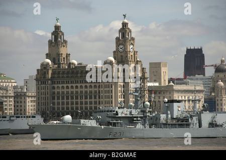 City of Liverpool, England. The Royal Navy warship HMS Argyll at the start of the Tall Ships Race on the River Mersey. Stock Photo