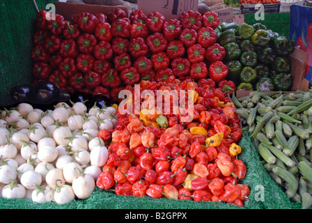 Fresh vegetables displayed in London market Stock Photo