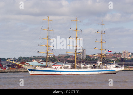 The Russian Tall Ship Mir Leaving the River Mersey in Liverpool at the Start of the Tall Ships Race England 2008 Stock Photo