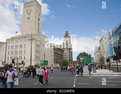 Liverpool Merseyside England UK July View along The crowded Strand towards the Liver and Cunard building Stock Photo