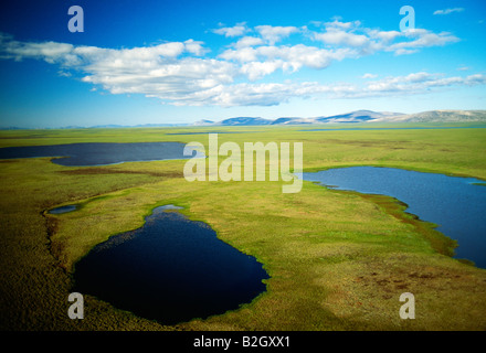 Low altitude aerial view of Siberian Arctic tundra & lakes between Provideniya & Egvekinot, former Soviet Union Stock Photo