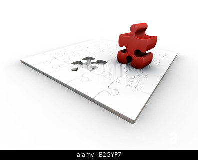 3D render of a puzzle with one red piece Stock Photo