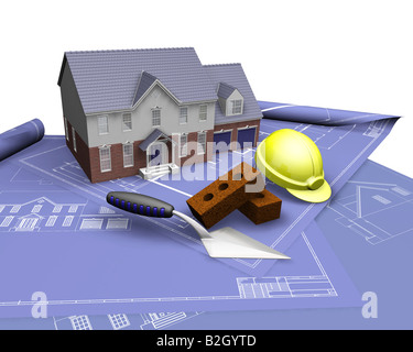 3D render of a house on blueprints with construction tools Stock Photo