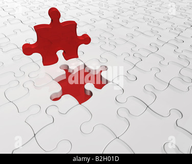 3D render of a jigsaw with one red piece prominent Stock Photo