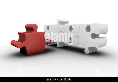 3D render of one red puzzle piece amongst white ones Stock Photo