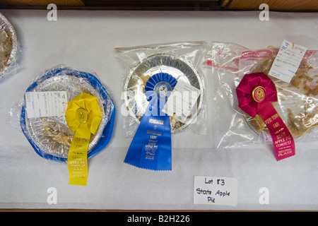 Award ribbons attached to plates of mostly eaten dishes of apple pie Stock Photo