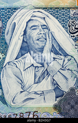 Image of President Gaddafi on Libyan One Dinar Bank Note Stock Photo