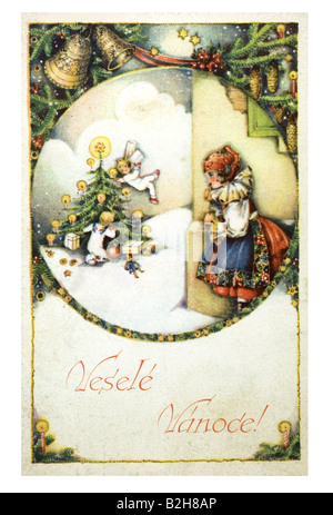 Postcard motive Observing the christmas angels 19th century Germany Stock Photo