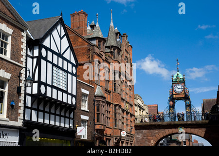 Clocktower at Eastgate and historic old buildings in central Chester in Cheshire England 2008 Stock Photo