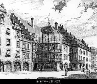 geography/travel, Germany, Munich, gastronomy, Hofbräuhaus, exterior view, wood engraving, 1898, Stock Photo