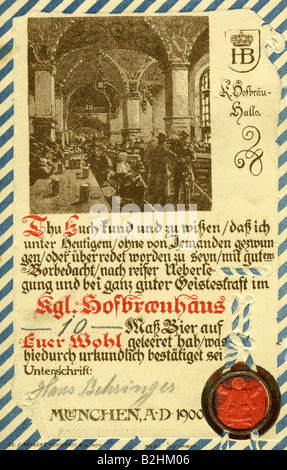 geography/travel, Germany, Munich, gastronomy, Hofbräuhaus, recognition of drunken beer, postcard, 1900, Stock Photo