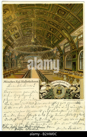 geography/travel, Germany, Munich, gastronomy, Hofbräuhaus, interior view, postcard, stamped 1.9.1900, Stock Photo