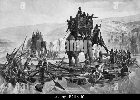events, Second Punic War 219 - 201 BC, Hannibal and his army crossing the Rhone, 218 BC, after painting by Henri Motte, 1875, Stock Photo