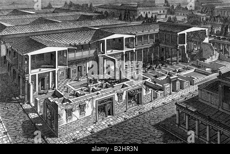 architecture, ancient world, Roman, houses, Roman residential house, cross section, reconstruction, original engraving after drawing by G. Rehlender, 19th century, sectioned, historic, historical, ancient world, people, Stock Photo