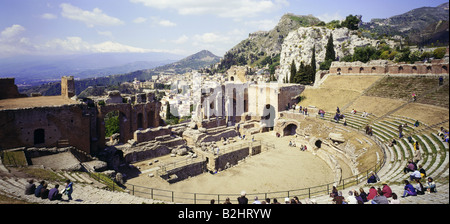 geography / travel, Italy, Sicily, Taormina, Greek-Roman theatre, Mount Etna, greek roman, Stock Photo