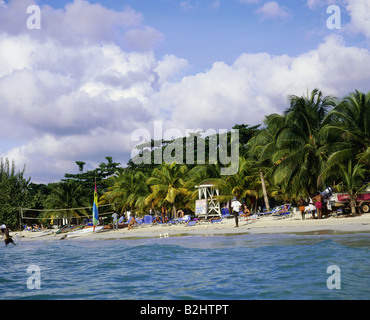 geography / travel, Jamaica, Negril, western Jamaica, tourist beach under palm trees, Stock Photo