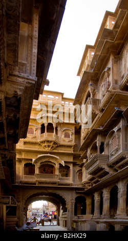 The Patwa Ki Haveli is the finest example of sandstone construction in the GOLDEN CITY of JAISALMER RAJASTHAN INDIA Stock Photo