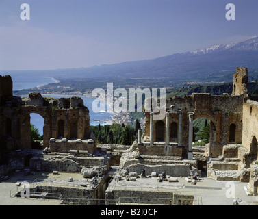geography / travel, Italy, Sicily, Taormina, Theatre, archaeology, ancient, Mount Etna, ruin, excavations Stock Photo