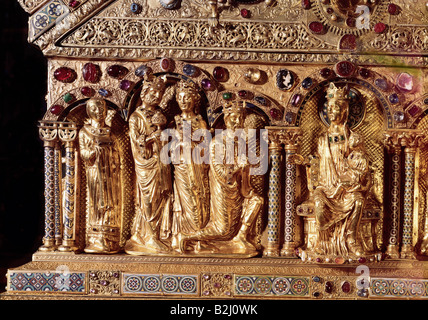 Magi, biblical figures, Shrine of the Three Kings, circa 1181 - 1220, Nicholas of Verdun, The Adoration of the Magi, detail, Cologne Cathedral, Stock Photo