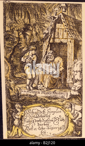 Grimmelshausen, Hans Jakob Christoffel von, circa 1622 - 17.8.1676, German author / writer, works, 'Simplicius Simplicissimus', 1668, illustration, Simplicius and the hermit, copper engraving, Nuremberg, 1684, private collection, , Artist's Copyright has not to be cleared Stock Photo