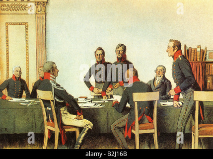 Frederick William III, 3.8. 1770 - 7.6.1840, King of Prussia 16.11.1797 - 7.6.1840, attending a meeting of the Military Reorganisation Comittee, Koenigsberg, 1807, colour lithograph by Carl Röchling (1855 - 1920), Stock Photo