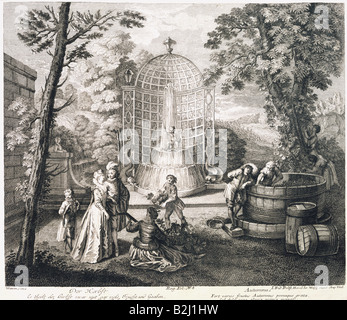 meteorology, seasons, autumn, allegory, engraving by Friedrich Probst, Augsburg, 18th century, after painting by Jean Antoine Watteau (1684 - 1721), private collection, Europe, France, garden, pavillion, fountain, couple, wine, grape gathering, grapes, people, winegrower, France, baroque, season, park, historic, historical, Artist's Copyright has not to be cleared Stock Photo