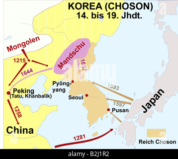 geography / travel, carthography, historical maps, modern times, Korea, Joseon Dynasty, 14th - 19th century, historic, map, Asia, China, campaign of Mongolian, 1215, 1258 and 1281, Mandshu 1637 and 1644, Japan, 1593 and 1597, Mongolia, Pusan, Seoul, Pyongyang, Beijing, Empire, Stock Photo