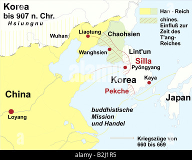 geography / travel, carthography, historical maps, middle ages, Korea till 907, Stock Photo