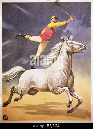 circus, acrobatics, balancing act, 'Kunstreiter auf galoppierendem Apfelschimmel' (Circus rider on galloping dapple grey horse), poster, colour lithograph, by Adolph Friedlaender, Hamburg, Germany, 1908, Stock Photo