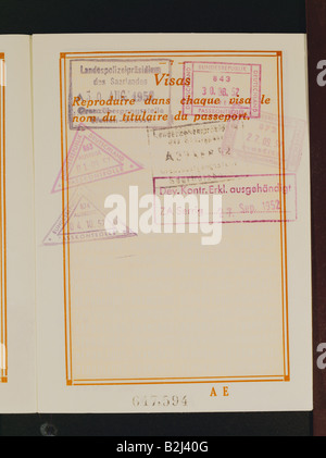 documents, passport for the Saarland, France, 1952, Stock Photo