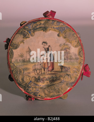 music, instruments, small tambourine, vellum, painted, diameter 7.2 cm, Italy, late 18th century, Bavarian National Museum, Munich, historic, historical, parchment, tambourines, timbrel, timbrels,miniature, mother, child, kid, lamb, drum, drums, musical instrument, percussion, people, Stock Photo