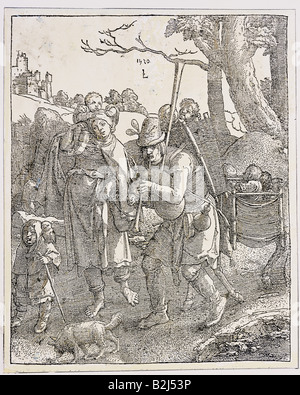 Eulenspiegel, Till (1300 - 1350), German joker, with family on a journey, copper engraving, by Lucas van Leyden (1494 - 1533), Holland, 1520, private collection, full length, Artist's Copyright has not to be cleared Stock Photo