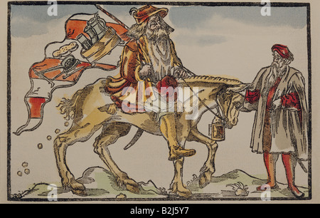 medicine, physicians, travellnig qauck, coloured woodcut, Augsburg, 2nd half 16h century, private collection, professions, people, physician, vagrancy, flag, Germany, historic, historical, Stock Photo