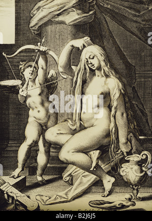 Venus, Roman goddess of love and beauty, 'The Toilet of Venus', copper engraving by Egidius Sadeler (1570 - 1629) after painting by Bartholomaeus Sprenger (1546 - 1611), private collection, , Artist's Copyright has not to be cleared Stock Photo