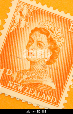 New Zealand Queen Elizabeth II Second featured on a New Zealand 1 penny postage stamp from the 1960s Stock Photo