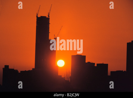 High rise building construction by sunset. Melbourne Rialto hotel. Australia. Stock Photo