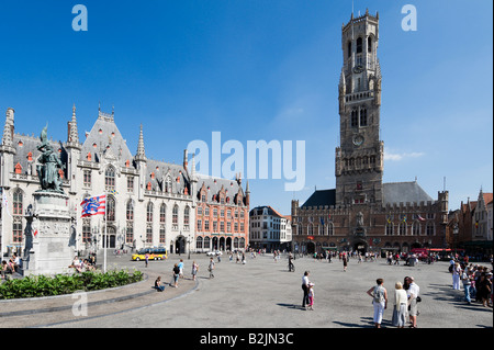 Grote Markt (Main Square) and Belfry Tower in the centre of the old town, Bruges, Belgium Stock Photo