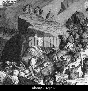 Second Punic War 218 - 201 BC, the Carthaginian army under Hannibal is crossing the Alps, 218 BC, wood engraving, 19th century, Stock Photo