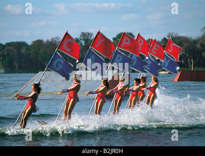 Girls in a water ski display at Cypress Gardens, Florida, USA. Stock Photo