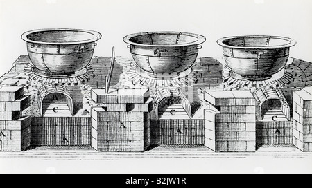 alcohol, beer, brewery, interior view, brewing boilers, copper engraving, France, 18th century, brewhaus, historic, historical, Stock Photo