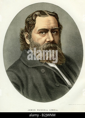 Lowell, James Russell, 22.2.1819 - 12.8.1891, American author / writer, portrait, lithograph, coloured, London, England, 19th century, Stock Photo