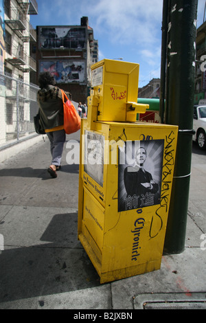 Political poster of Barack Obama on a newspaper box, Chinatown, San Francisco, California, 13 July 2008. Stock Photo