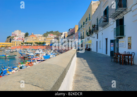 A fine view to the harbour of the Ponza town, a crystal water and the typical colorful buildings, Ponza island, Lazio, Italy, EU Stock Photo