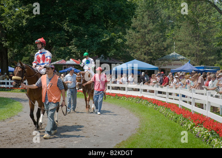 Horses and jockeys in paddock moments before racing at ...