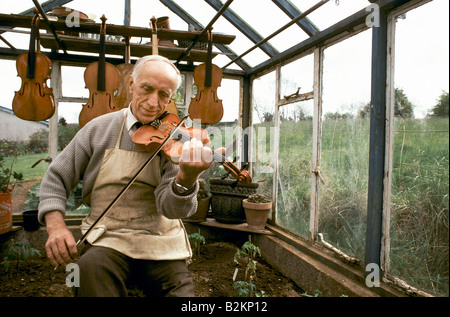 RURAL NORTHERN IRELAND SAMUAL STEVENSON SITTING IN HIS GREEN HOUSE PLAYING ONE OF THE FIDDLES HE HAS JUST FINISHED MAKING Stock Photo