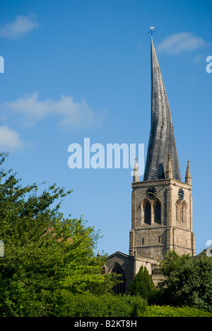 The Crooked Spire in Chesterfield. Derbyshire against a bright blue sky Stock Photo