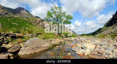 Afon Nant Peris River as it flows through Llanberis pass in Gwynedd North Wales between Snowdon mountain range and Y Glyderau Stock Photo