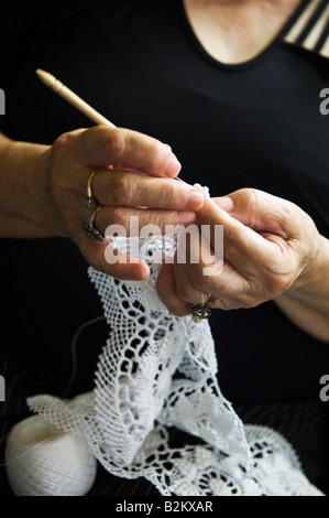 Embroiderer working Pico island Azores Portugal Stock Photo