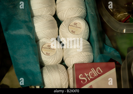 cotton yard ready for knitting stacked on rows in a box Stock Photo