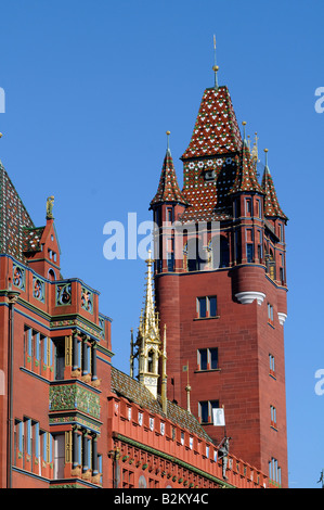 The tower of the famous red town hall in the old city of Basel, Switzerland. Stock Photo